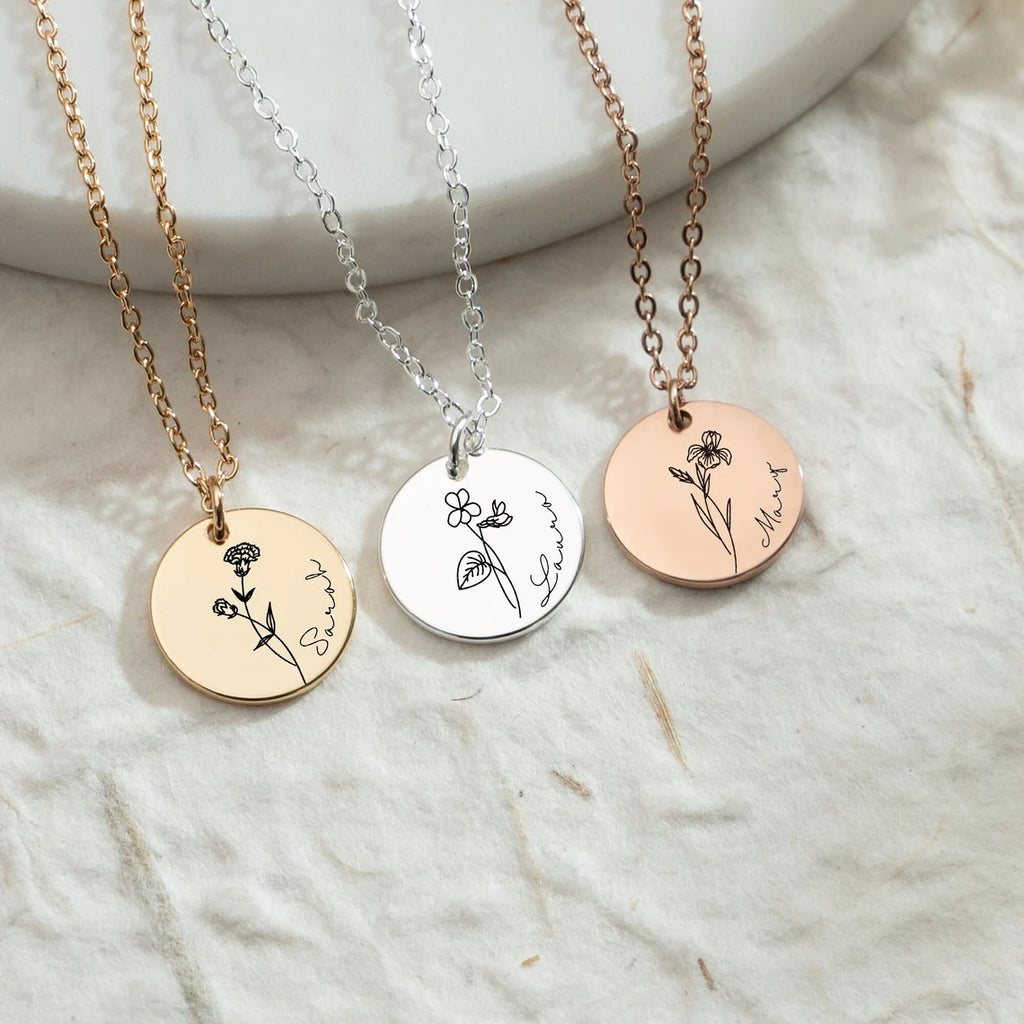 Laser Engraved Birth Flower Necklace with Letter Pendant