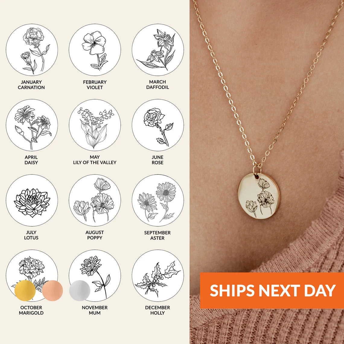 Laser Engraved Birth Flower Necklace with Letter Pendant