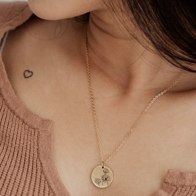 Laser Engraved Birth Flower Necklace with Letter Pendant