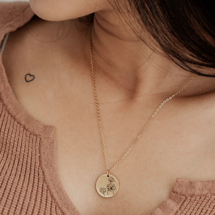 Laser Engraved Birth Flower Necklace with Letter Pendant